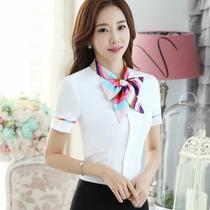 Summer new Knot shirt female slim white short sleeve chiffon front desk overalls silk scarf collar professional shirt