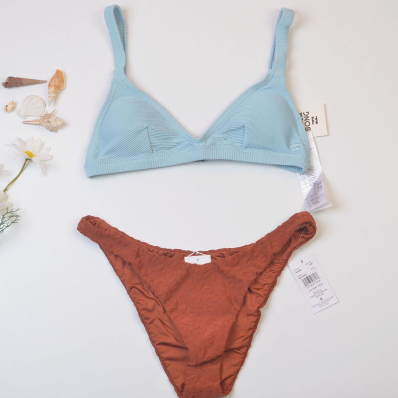 Australian Brand French-Style Color-Blocked Two-Piece Swimsuit for Women, Haze Blue and Caramel Jacquard Bikini Vacation Swimwear Australian Brand French-Style Color-Blocked Two-Piece Swimsuit for Women, Haze Blue and Caramel Jacquard Bikini Vacation Swimwear