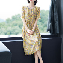 High-end European and American loose crepe de chine silk dress womens summer new short-sleeved mulberry silk floral large size a-line skirt