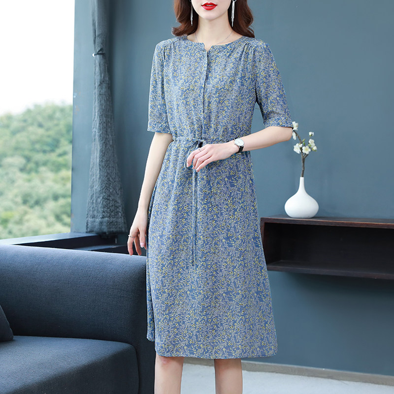 Silk printed mid-length skirt floral high-end elegant temperament fashion 100% mulberry silk luxury big-name dress summer