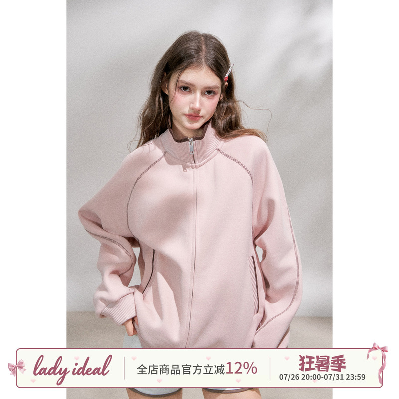 Lady Ideal Light Pink Stop-Motion Stand Collar Hasselblad Line Sweatshirt Jacket Women's Preppy Style Loose Baseball Jacket