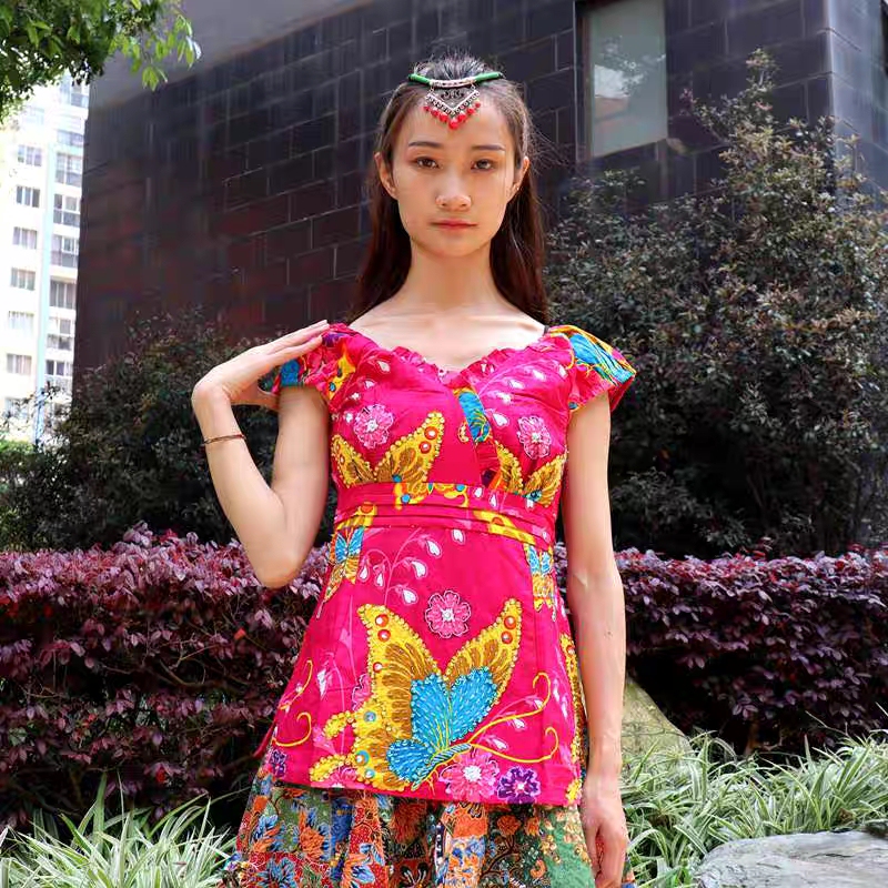 Thai Beaded Embroidered Beading and Bead-Studded Short-Sleeve V-Neck Top, Available in 15 Colors