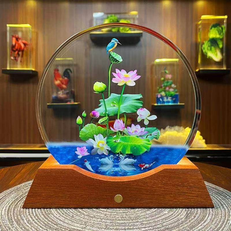可定制 圆形内雕荷花桌面水晶摆件家居乔迁高端轻奢寓意艺术品