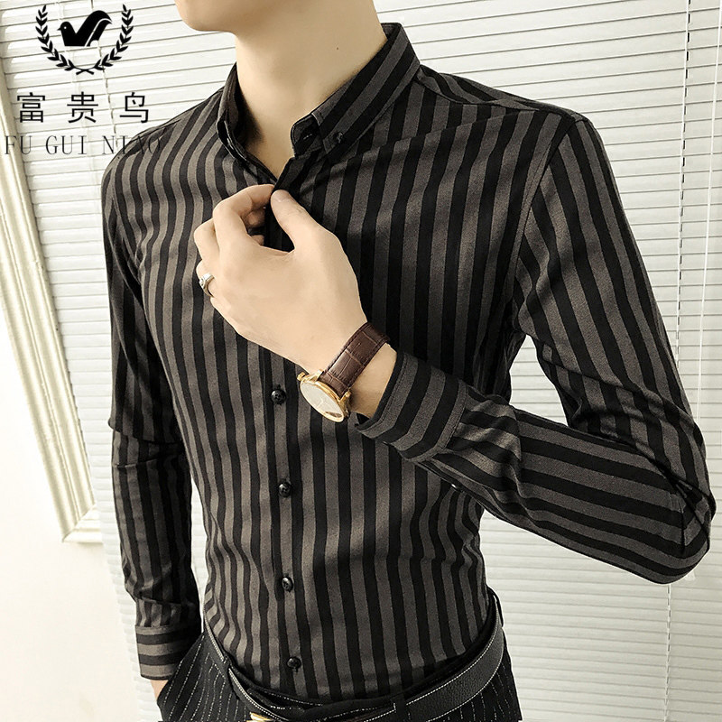 Fugui bird men's clothing shirt male long sleeve trend 2021 new spring and autumn Korean version of body handsome and casual striped shirt