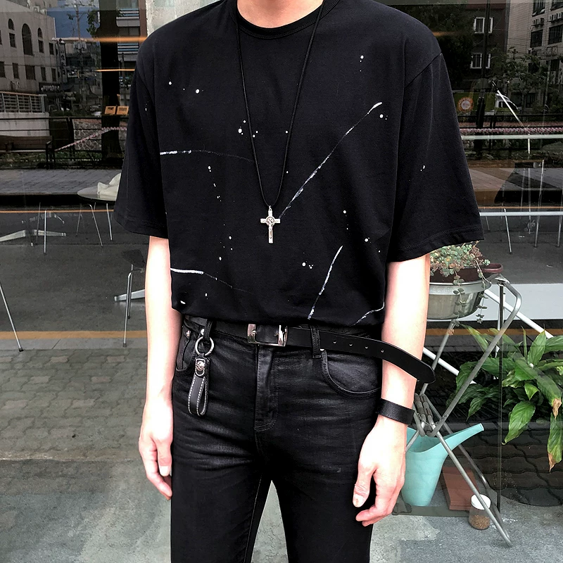 МРСУК модный брендовый хлопковый T-shirt с коротким рукавом для мужчин, корейская футболка с краской на полусторонах, стиль Хонг-Конг, свободная и универсальная верхняя одежда