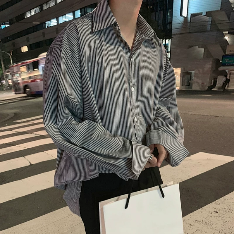 MRCYC Korean style loose long-sleeved striped shirt for men, handsome and trendy boyfriend, versatile shirt, Hong Kong style top