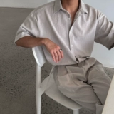 Мужской летний комплект, трендовая рубашка, штаны, короткий рукав, свободный прямой крой