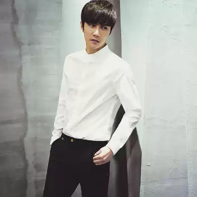 Men's solid color stand neck long sleeve non-ironing shirt Korean white shirt men's shirt simple slim shirt