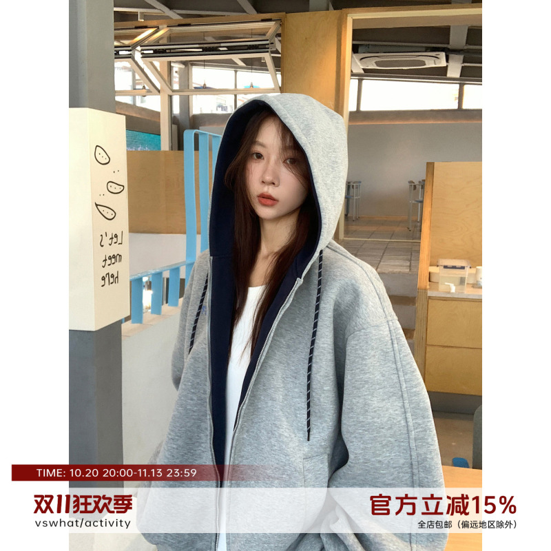 Vs What "Han Nan Dong Street Style" Korean-Style Hooded Cardigan Autumn and Winter Fleece Sweatshirt Jacket for Women, Loose Top Vs What "Han Nan Dong Street Style" Korean-Style Hooded Cardigan Autumn and Winter Fleece Sweatshirt Jacket for Women, Loose Top