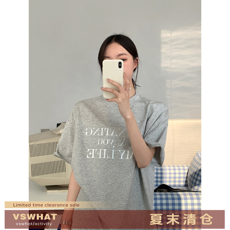 Vs What "Incheon Times" High-Quality Women's T-Shirt, Korean Version with 3D Letter Print, Sorona Round Neck Short Sleeves