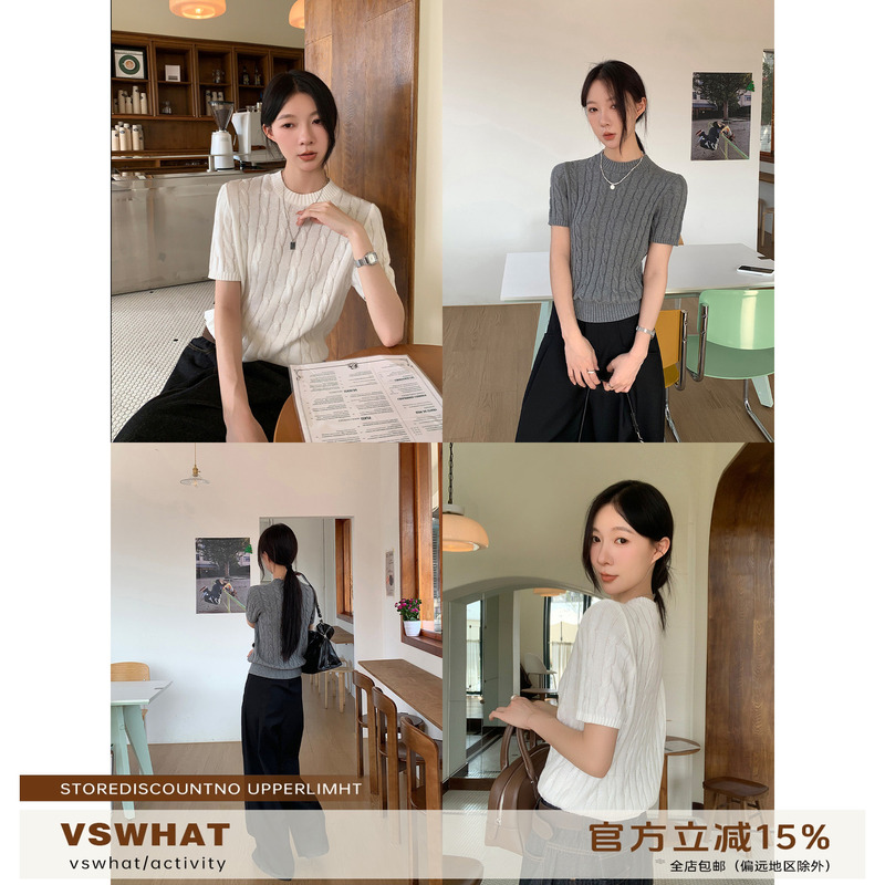 Vs What "Intelligent Old Money Style" Round Neck Slimming Button Knit Short-Sleeve Women's Versatile Lightweight Pure Cotton Top