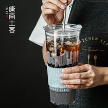 Extra large-capacity glass straw cup high-looking coffee tea ceremony cover office milk tea cup household hot water-resistant cup