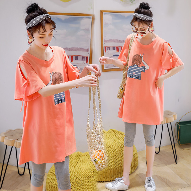 Pregnant woman summer coat women fashion tide mother 2021 spring summer dress short sleeve loose cotton T-shirt two piece set