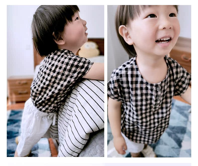 Áo sơ mi kẻ sọc cotton 2019 cho bé sơ mi kẻ sọc nam Hàn Quốc phiên bản mỏng của bộ đồ cotton và vải lanh bé gái mùa hè ngắn tay - Áo sơ mi đồ trẻ em