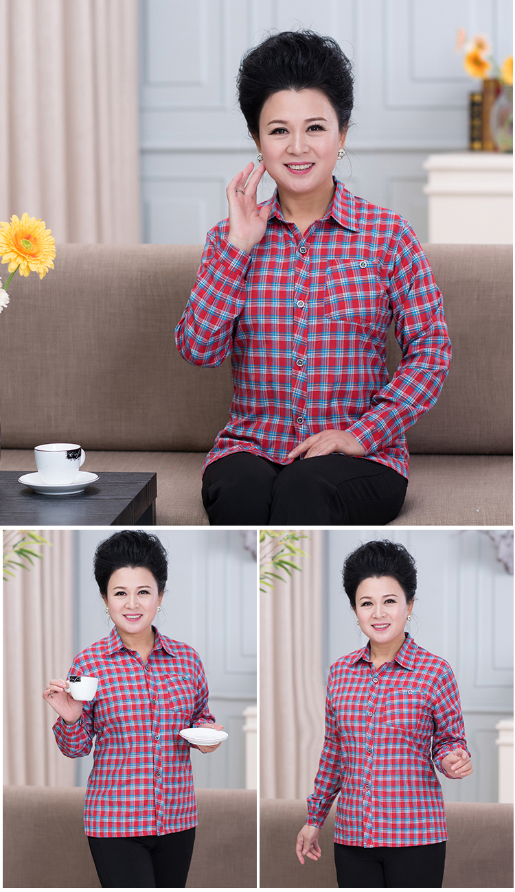 Áo sơ mi dài tay mùa xuân và mùa thu cho mẹ áo sơ mi nữ trung niên 40 tuổi 50 áo len kẻ sọc cao tuổi - Quần áo của mẹ áo kiểu tuổi trung niên