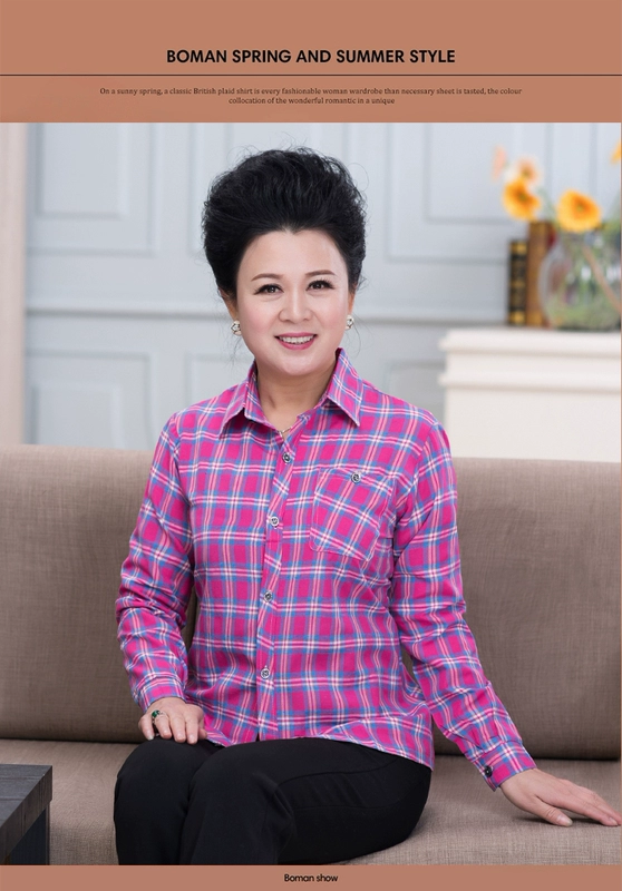 Áo sơ mi dài tay mùa xuân và mùa thu cho mẹ áo sơ mi nữ trung niên 40 tuổi 50 áo len kẻ sọc cao tuổi - Quần áo của mẹ