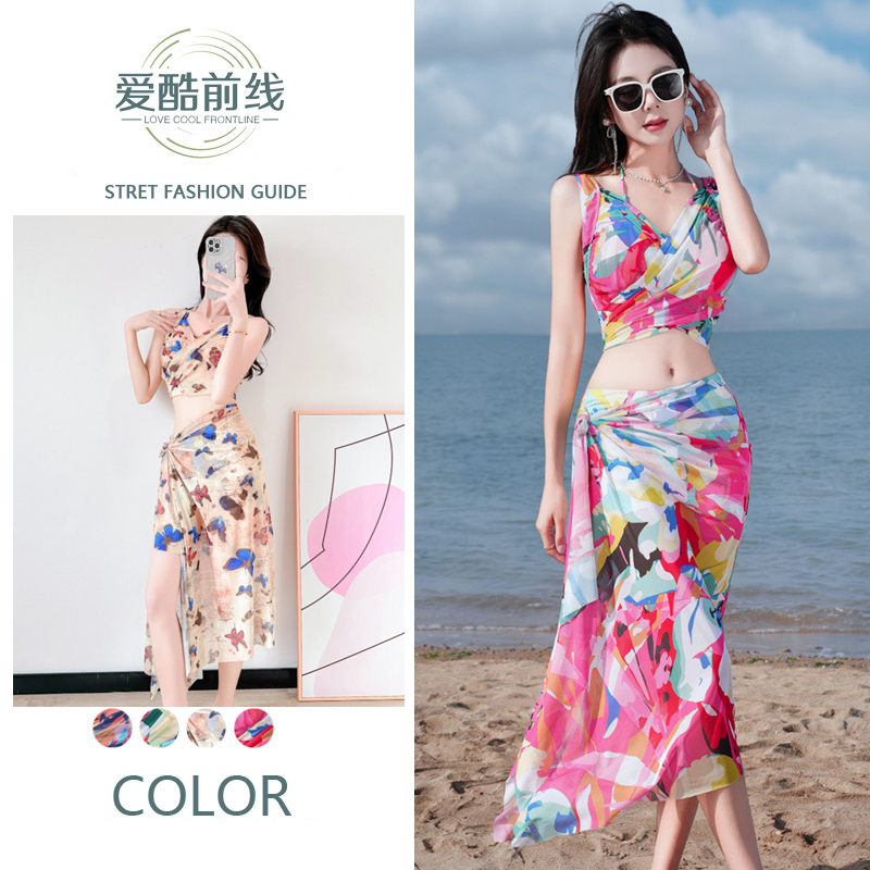 2026 New Geometric Pattern Split Strap Swimsuit for Women, Three-Piece Set for Seaside Island Vacation, Hot Spring Bathing and Swimming