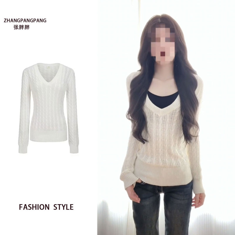 Plus-Size American-Style Spicy Girl White V-Neck Cable Knit Sweater for Women, Autumn and Winter Slim-Fit Soft Sweater Long-Sleeve Top Plus-Size American-Style Spicy Girl White V-Neck Cable Knit Sweater for Women, Autumn and Winter Slim-Fit Soft Sweater Long-Sleeve Top