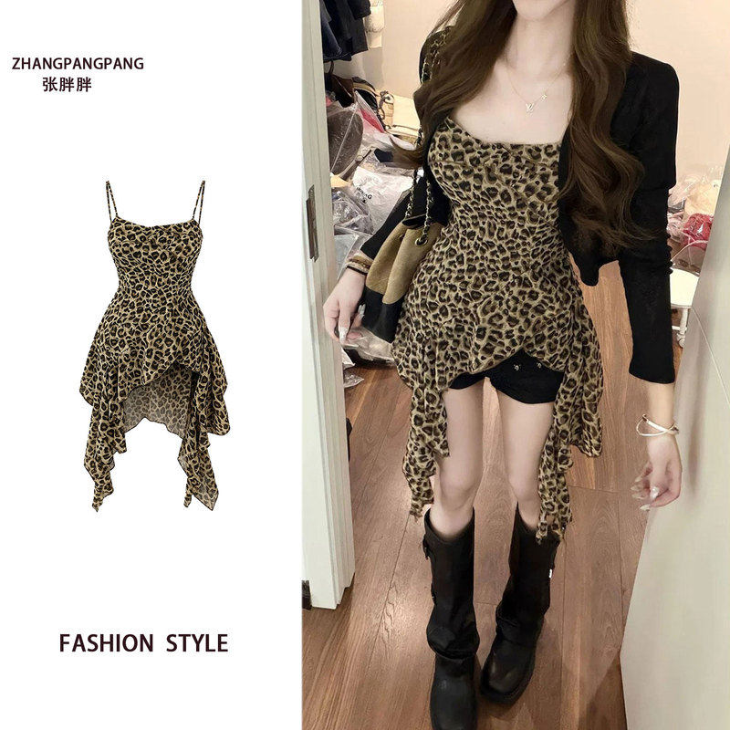 Plus-Size Vintage Irregular Leopard Print Dress for Women, Popular Summer Design, Elegant Waist-Cinching Spaghetti Strap Short Dress Plus-Size Vintage Irregular Leopard Print Dress for Women, Popular Summer Design, Elegant Waist-Cinching Spaghetti Strap Short Dress