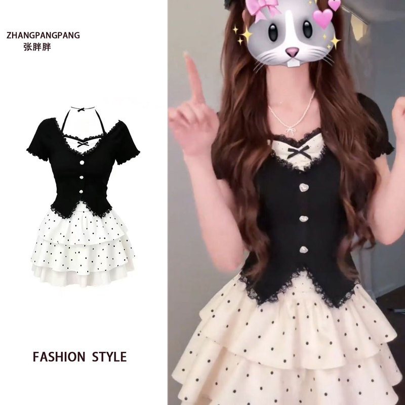 Slightly Chubby Japanese-Style Soft Girl Sweet Style Fake Two-Piece Puff Sleeve Top for Women Summer Puffy Cake Polka Dot Short Skirt Set