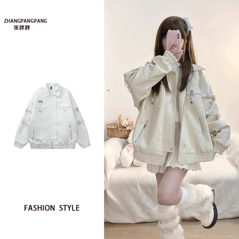 Plus-Size Harajuku Style Heart-Shaped Buckle Patchwork Pu Leather Jacket for Women, 2026 Spring and Autumn New Motorcycle Jacket Plus-Size Harajuku Style Heart-Shaped Buckle Patchwork Pu Leather Jacket for Women, 2026 Spring and Autumn New Motorcycle Jacket
