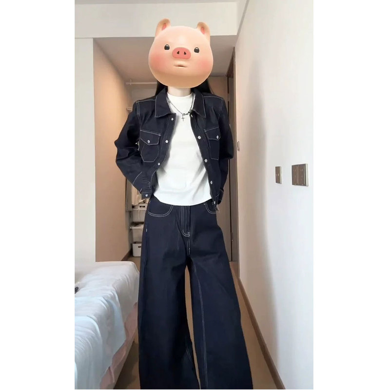 Plus-Size Hong Kong Style Retro Denim Suit for Women, New Autumn Fashion, Stylish and Slimming, Loose Jacket and Wide-Leg Pants Two-Piece Set