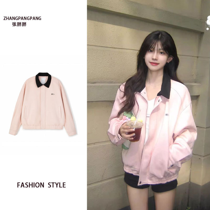 Plus-Size American-Style Pink Suede Jacket for Women, Early Spring College Style Baseball Jacket, Loose Lapel Zipper Jacket Plus-Size American-Style Pink Suede Jacket for Women, Early Spring College Style Baseball Jacket, Loose Lapel Zipper Jacket