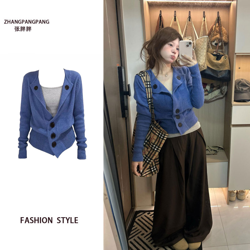 Slightly Chubby Klein Blue Lapel Knit Cardigan for Women, New Autumn and Winter Popular Style, Niche Design Short Sweater Jacket