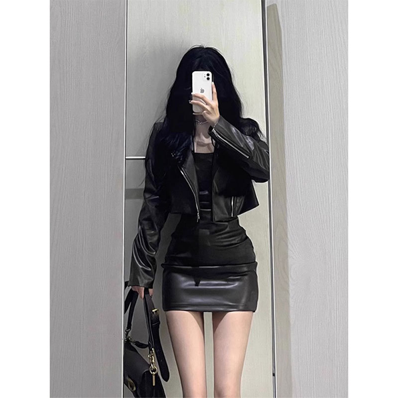 Plus-Size Hot Girl Short Leather Jacket for Women, Spring and Autumn High-End Suspender Skirt, Hip-Hugging Leather Skirt, Paired with a Jacket Two-Piece Set