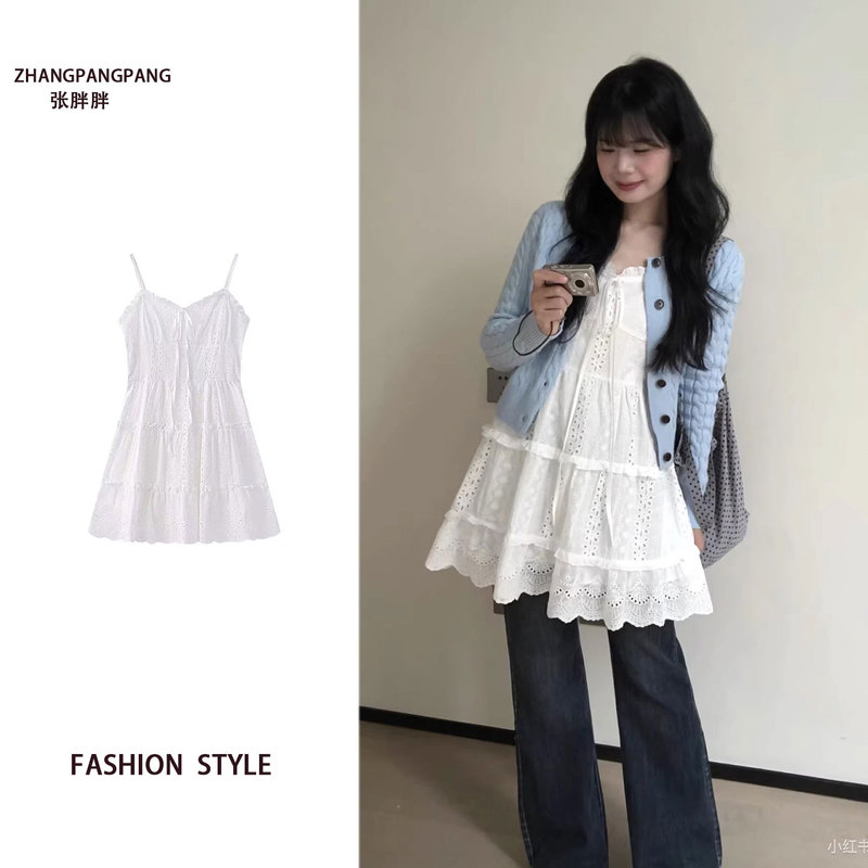 Slightly Chubby Ballet-Style White Spaghetti Strap Dress for Women, Early Spring Style, Hollow-Out Bow Tie Jacquard Loose Dress