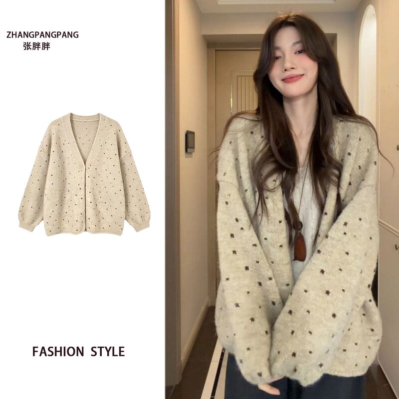 Plus-Size Lazy Style Polka Dot Design Knit Sweater Coat, Autumn and Winter Thickened Loose Fashionable Versatile Cardigan for Women Plus-Size Lazy Style Polka Dot Design Knit Sweater Coat, Autumn and Winter Thickened Loose Fashionable Versatile Cardigan for Women