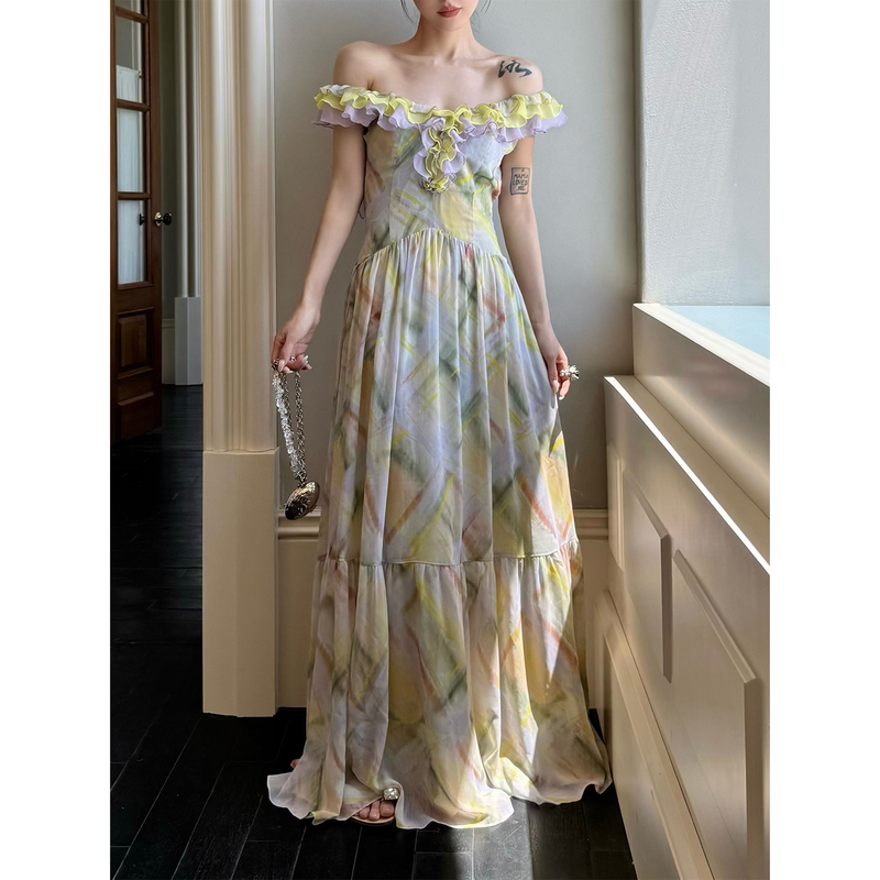 Yanarita Southern French Floral Romantic Print Contrasting Ruffle Hem Backless Dress Vacation Style Fairy Long Dress