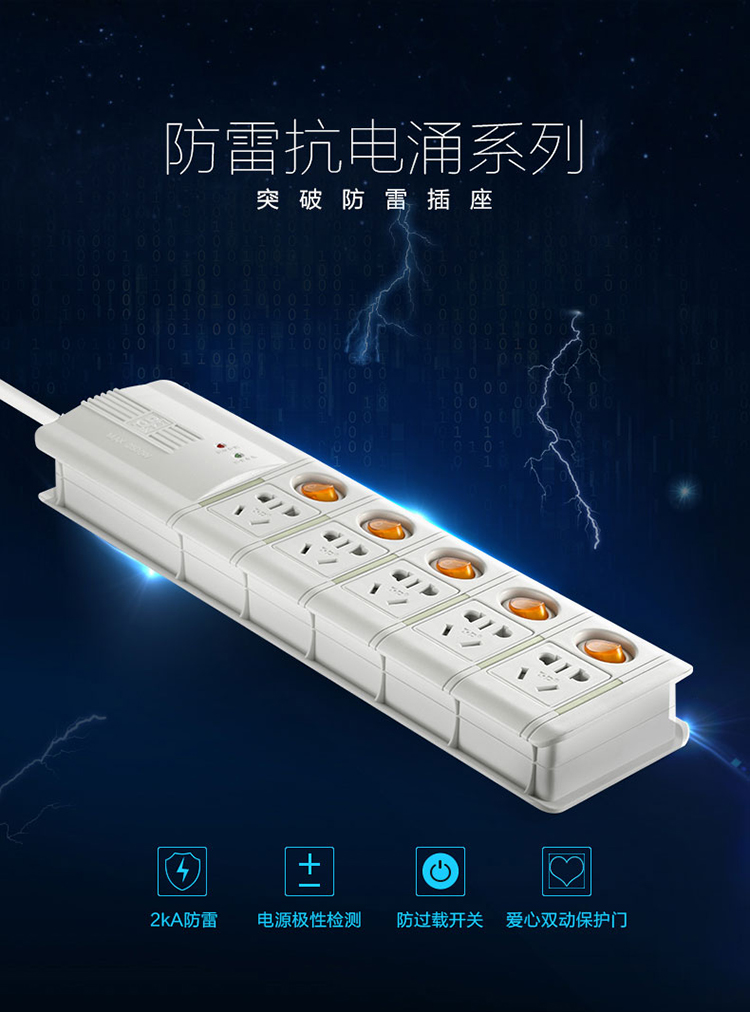 突破（TOP）新国标智能防过载抗电涌插座总控分控插线板全长3米