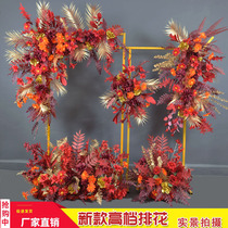 Chinese wedding red gold wedding hall stage decoration floor flower wedding flower row road guide flower background flower hanging flower