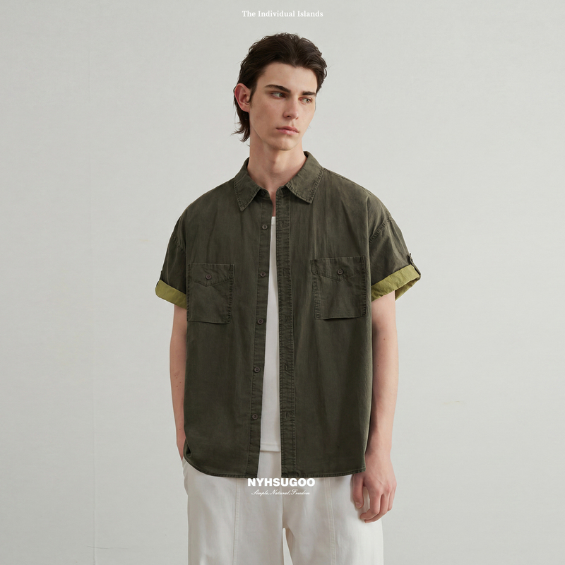 Nanyi Nyhsugoo Lapel Cuffed Sleeve Design Retro Shirt 25213 Men's Summer Short-Sleeved Shirt