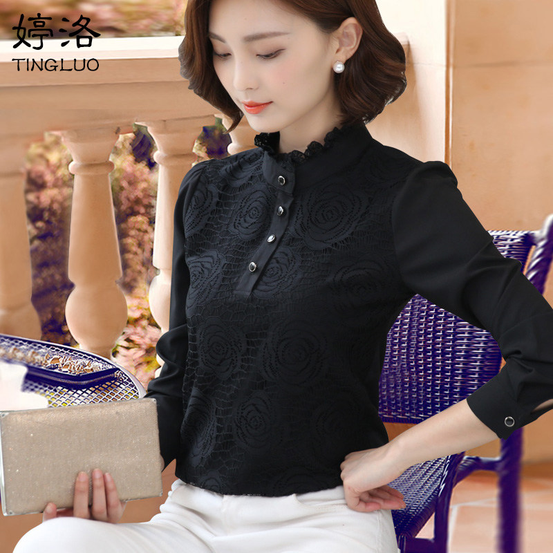 Black Lace Jersey Undershirt Woman Spring Autumn New Fashion Foreign Pie Half Collar Lace Blouse Thickened Warm Inner Hitch Shirt
