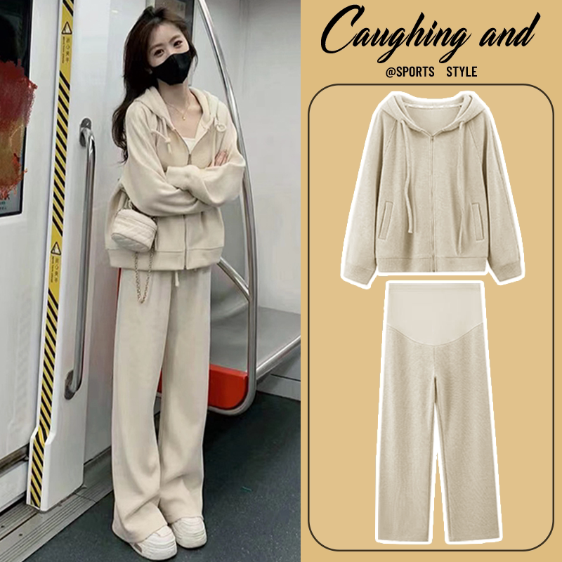 Maternity Wear Spring and Autumn Two-Piece Set, High-End Lazy Style Hooded Jacket, Spring Outfit That Covers the Belly Without Showing Pregnancy, Fashionable
