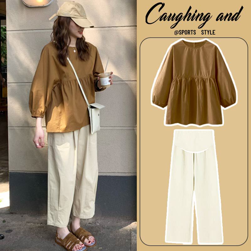 Maternity Summer Outfit Two-Piece Set, Fashionable and Trendy 2026 New Style, Lazy Style Shirt, Summer Belly-Covering, Loose Fit
