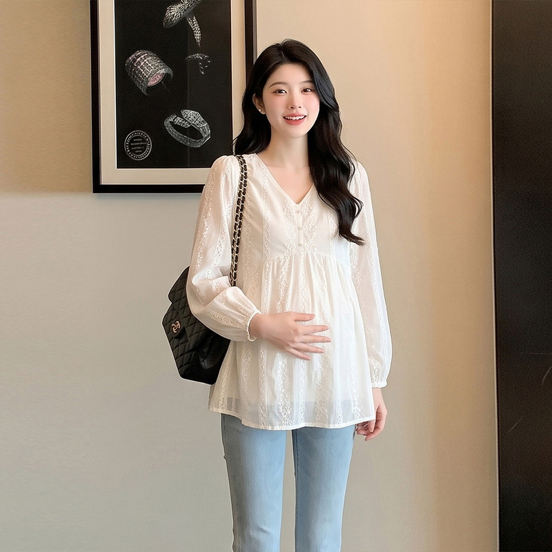 Maternity Wear Autumn Tops 2026 New Pure Cotton Embroidered V-Neck Babydoll Shirt Early Autumn Petite Shirt to Cover the Pregnant Belly Maternity Wear Autumn Tops 2026 New Pure Cotton Embroidered V-Neck Babydoll Shirt Early Autumn Petite Shirt to Cover the Pregnant Belly