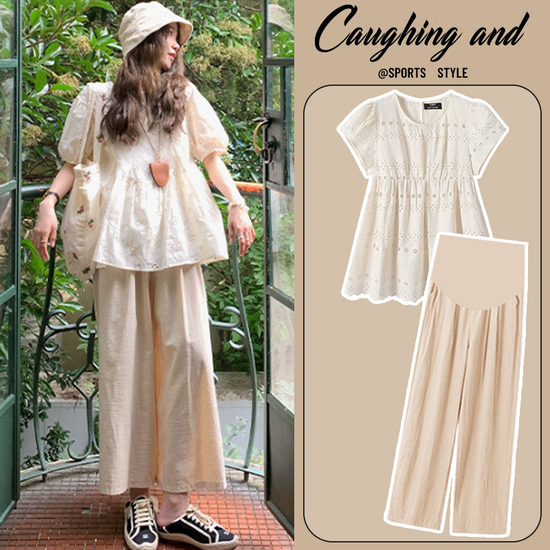 Maternity Summer Outfit Two-Piece Set Pure Cotton Hollow-Out Shirt Top Spring Thin Style Fashionable Casual Lazy Style Belly-Covering