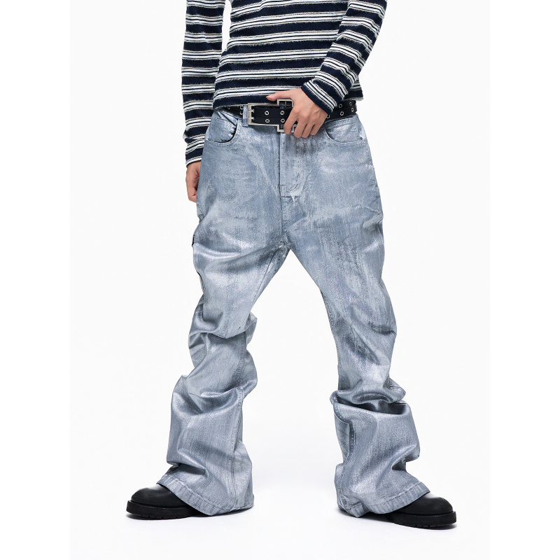 Lightinus* Silver Wing Realm Heavy Coating Brushed Silver Metallic Glossy Stacked Straight-Leg Trendy Jeans