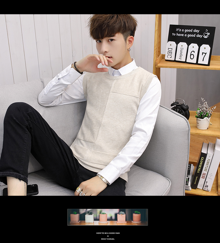 Áo len nam vest cộng với phiên bản Hàn Quốc của áo hai dây set đồ thanh niên Slim của áo len dệt kim dòng áo len không tay khoác len mỏng