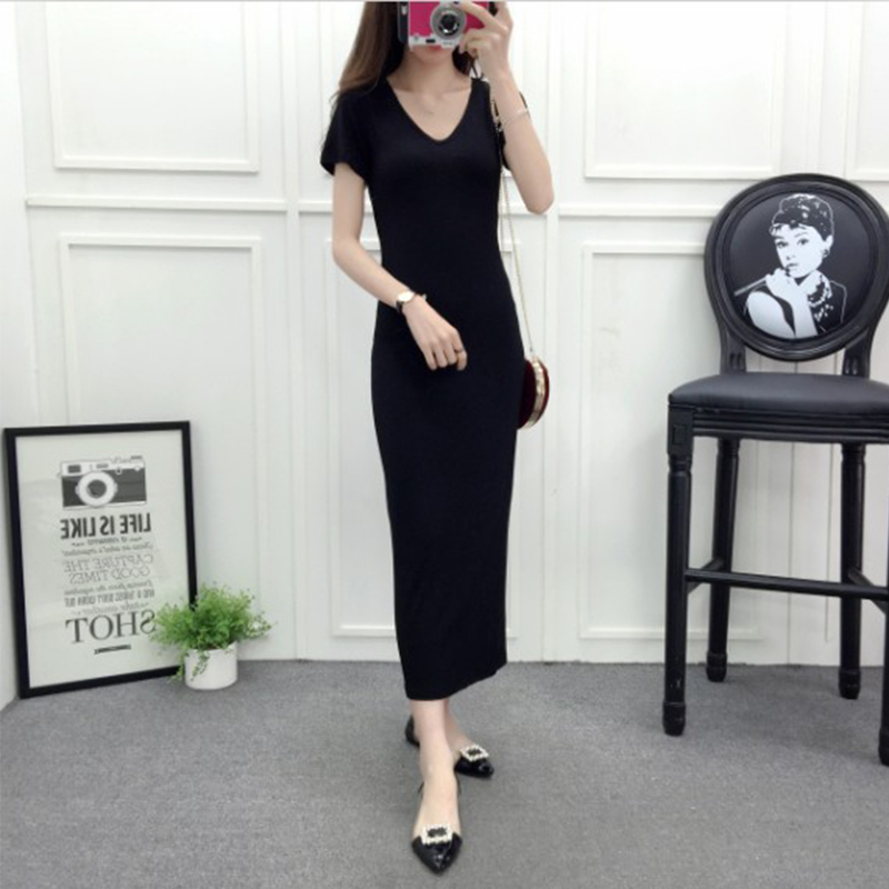 V-Neck Dress for Women 2026 Summer and Autumn New Short-Sleeve Long Dress with Slit, Slim Fit, Elegant, Bodycon Pencil Skirt Trendy