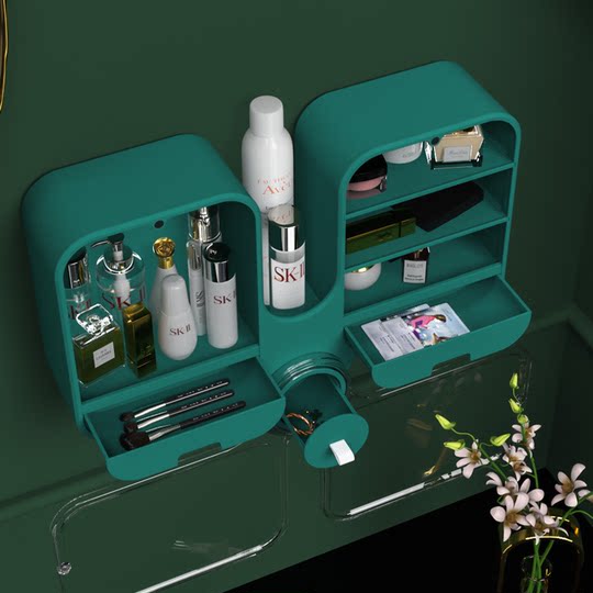 Bathroom pull-out cosmetic storage box punch-free wall-mounted rotary with cover dust-proof household toilet rack
