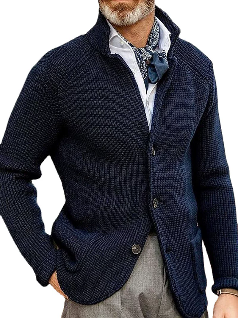 [秋冬纯色立领单排扣修身针织大码长袖外套男Men's knitted jacket]