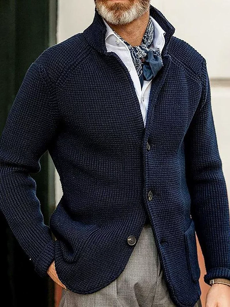 [秋冬纯色立领单排扣修身针织大码长袖外套男Men's knitted jacket]