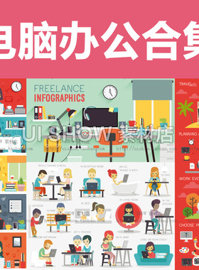 卡通可爱男女商务人物用笔记本电脑办公工作沟通UI设计矢量素材