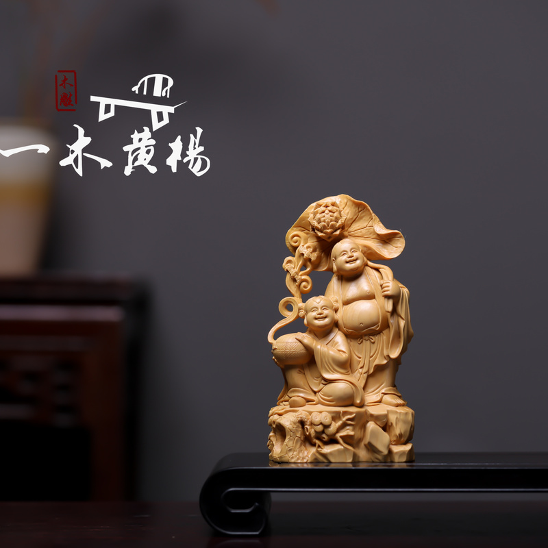 Authentic Small-Leaf Boxwood Finely Carved Artistic Two-Saint Buddha Statue Ornament Home Decoration Solid Wood Crafts