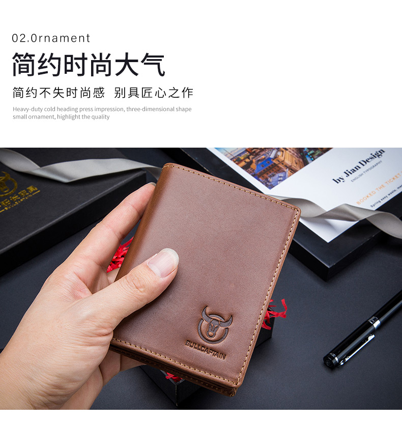 Da bò da đầu lớp da bò nam đa chức năng dung lượng lớn ví da handmade 2 lần ví ngắn dọc - Ví tiền ví đựng thẻ
