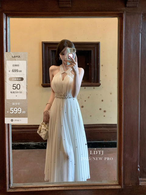 Ldtj Original [Monsoon Breeze] 2025 Heavy Embroidery Chiffon Birthday Date Socialite Halter Neck Long Dress for Women